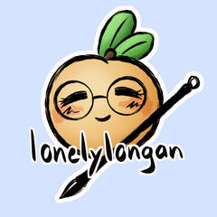 An icon made by myself, depicting a single longan fruit with a closed-eye smile. It "holds" an inkbrush. The word "lonelylongan" is written in front of it with a white outline.